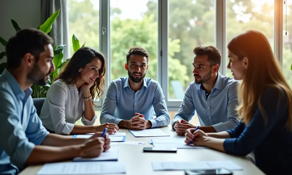 Duvidas Sobre Contrato de Trabalho CLT Esclareça Seus Direitos Profissionais brasileiros diversos discutem contrato de trabalho em escritório moderno.