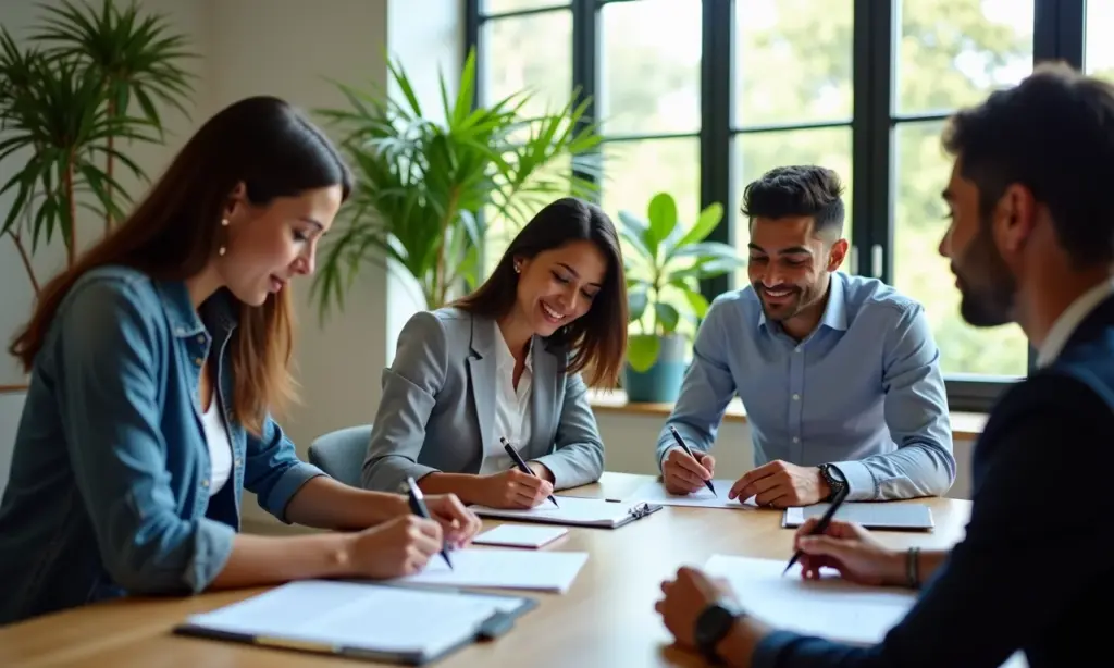 Quais Documentos a Empresa Deve Entregar na Demissão Confira a Lista Profissionais diversos analisam documentos de rescisão em escritório moderno.
