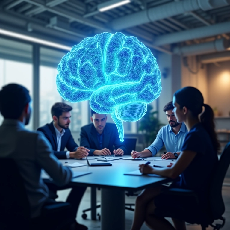 Machine Learning Uma Carreira no Coração da IA Profissionais diversos colaborando em torno de um cérebro de IA holográfico.