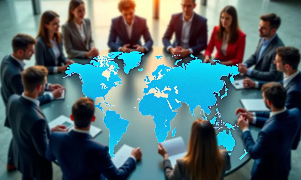 Profissionais diversos colaborando em um mapa mundial, representando oportunidades de carreira globais.