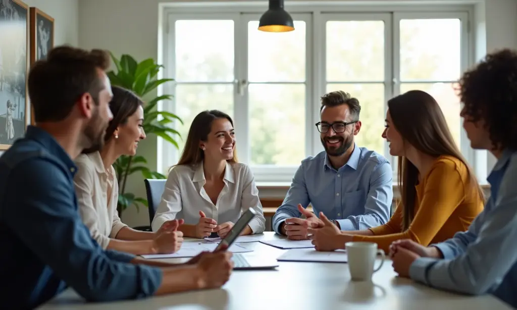 Duvidas O Que é CLT Flex em Contratos de Trabalho Entenda Essa Modalidade Profissionais diversos discutem contrato de trabalho CLT flexível em escritório moderno e iluminado.