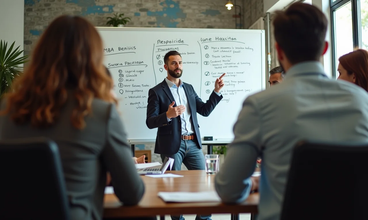 Profissionais diversos discutem vantagens de um MBA em espaço de co-working.