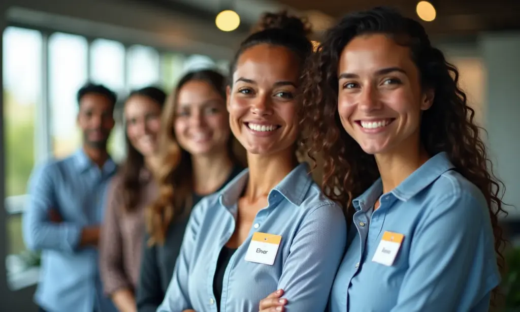 Profissionais diversos em ambiente de trabalho moderno com crachá de identificação com nome social.