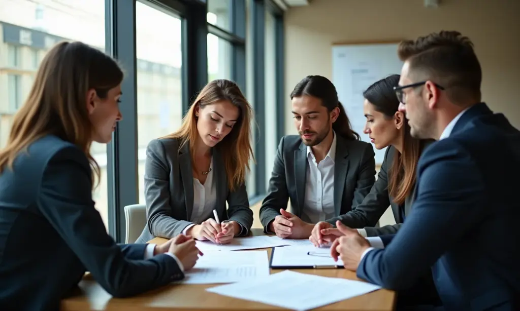 Período de Experiência no Trabalho Como Funciona Profissionais diversos em escritório moderno analisando contratos de trabalho.