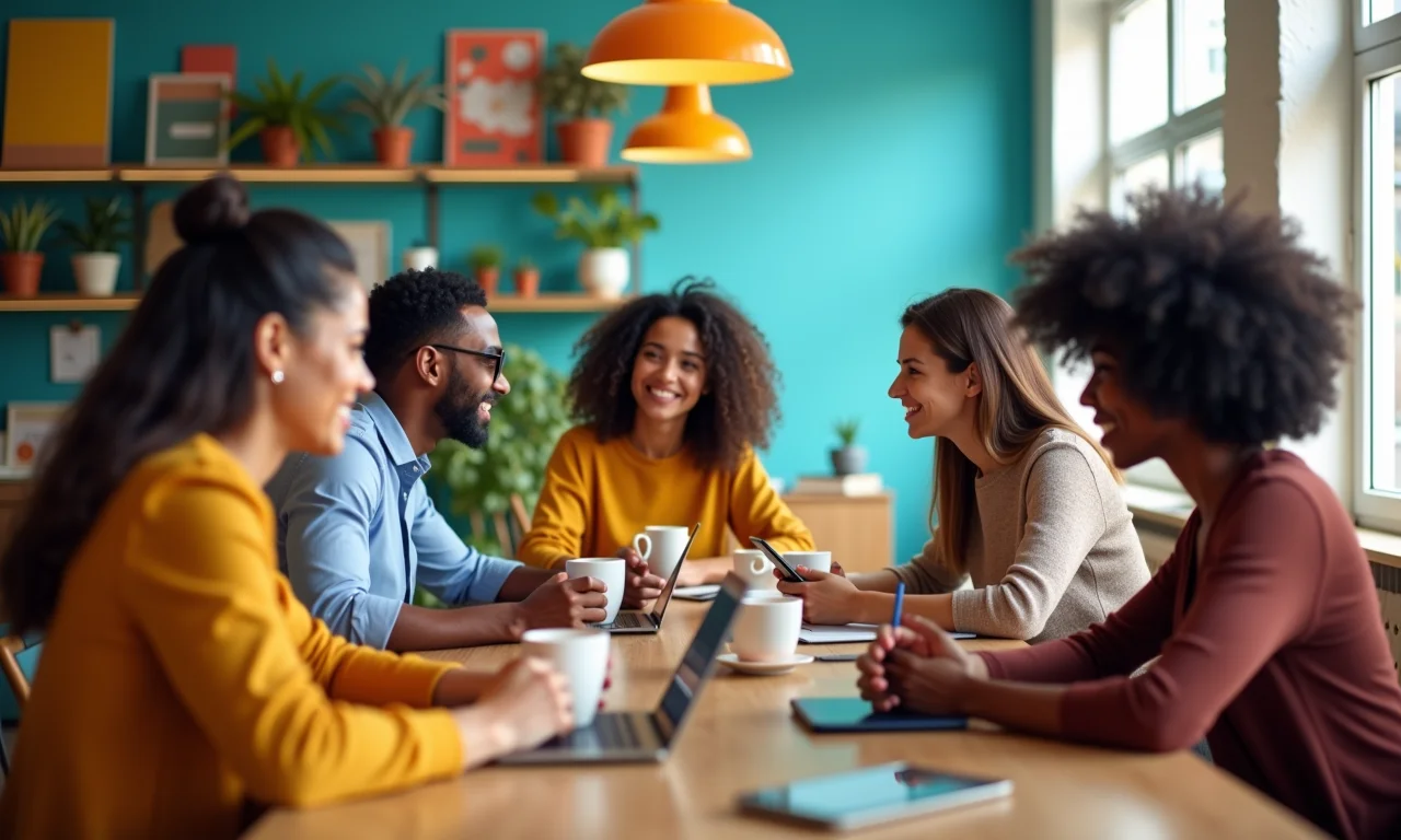 Profissionais se desconectando de dispositivos durante pausa para café.