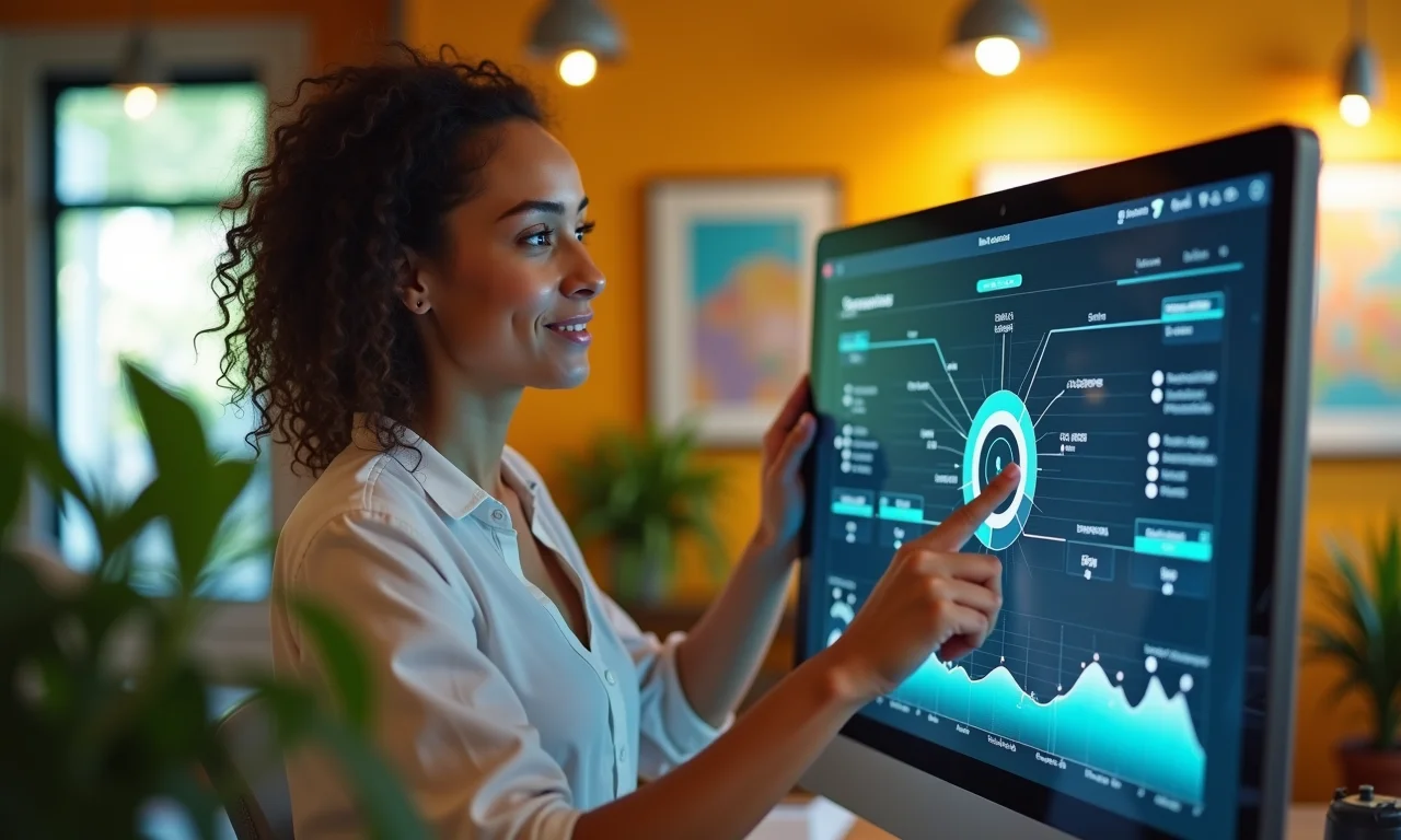 Profissional brasileira apresenta análise de dados em escritório vibrante, mostrando domínio de habilidades.