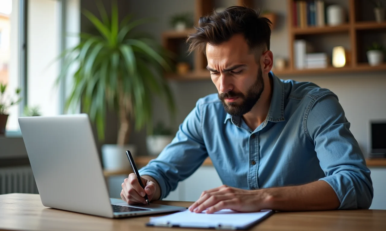 Profissional brasileiro analisa contrato de trabalho no laptop com expressão preocupada.