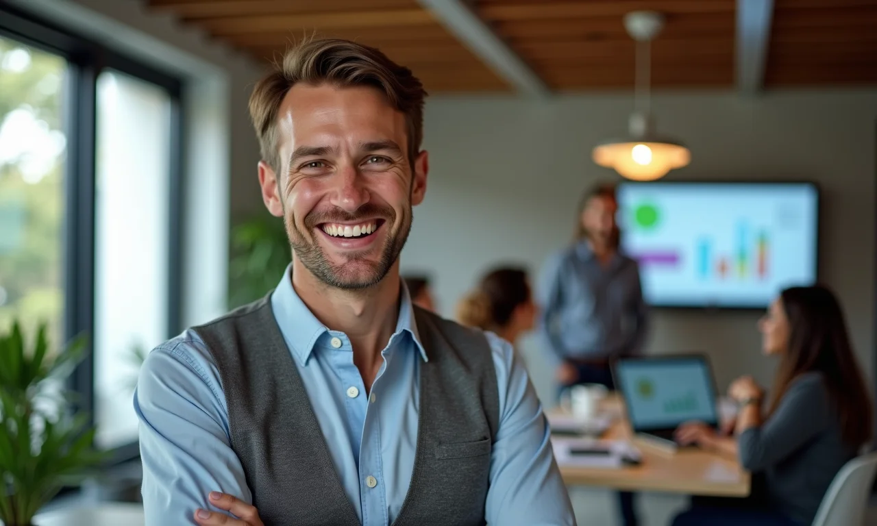 Profissional de marketing sorrindo em um espaço de coworking moderno.