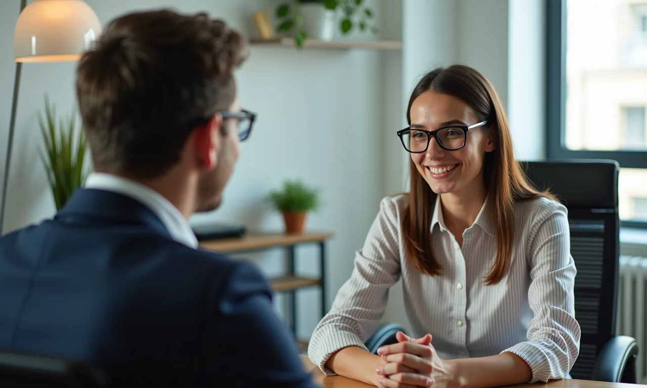 Profissional de RH entrevistando candidato com deficiência visual em processo seletivo inclusivo.
