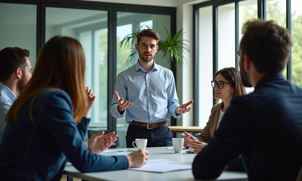Profissional de RI apresentando estratégia internacional para equipe diversa em escritório moderno brasileiro.