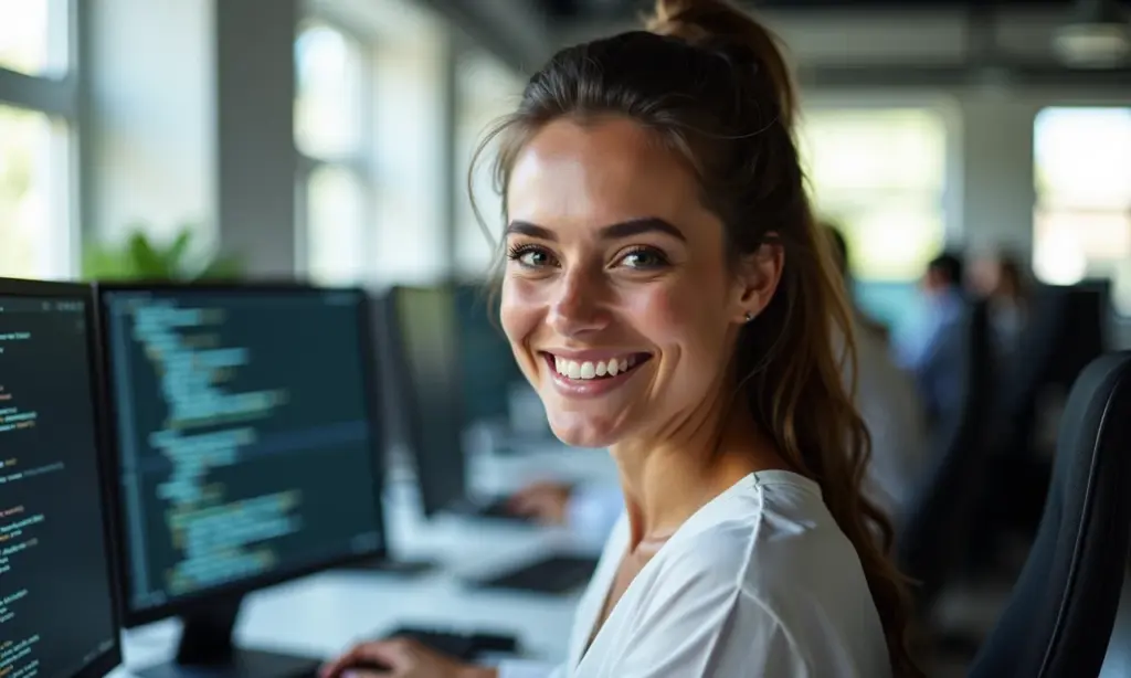 10 Certificações de TI Mais Valorizadas Para Turbinar o Currículo Profissional de TI sorrindo em um escritório moderno, representando o sucesso na carreira.