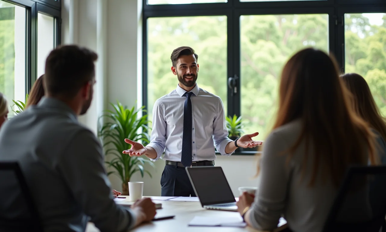 Profissional fazendo perguntas abertas em escritório moderno.