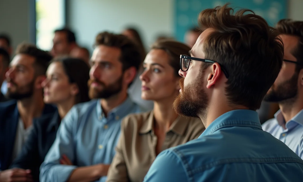 Público diverso atento a uma apresentação cativante.