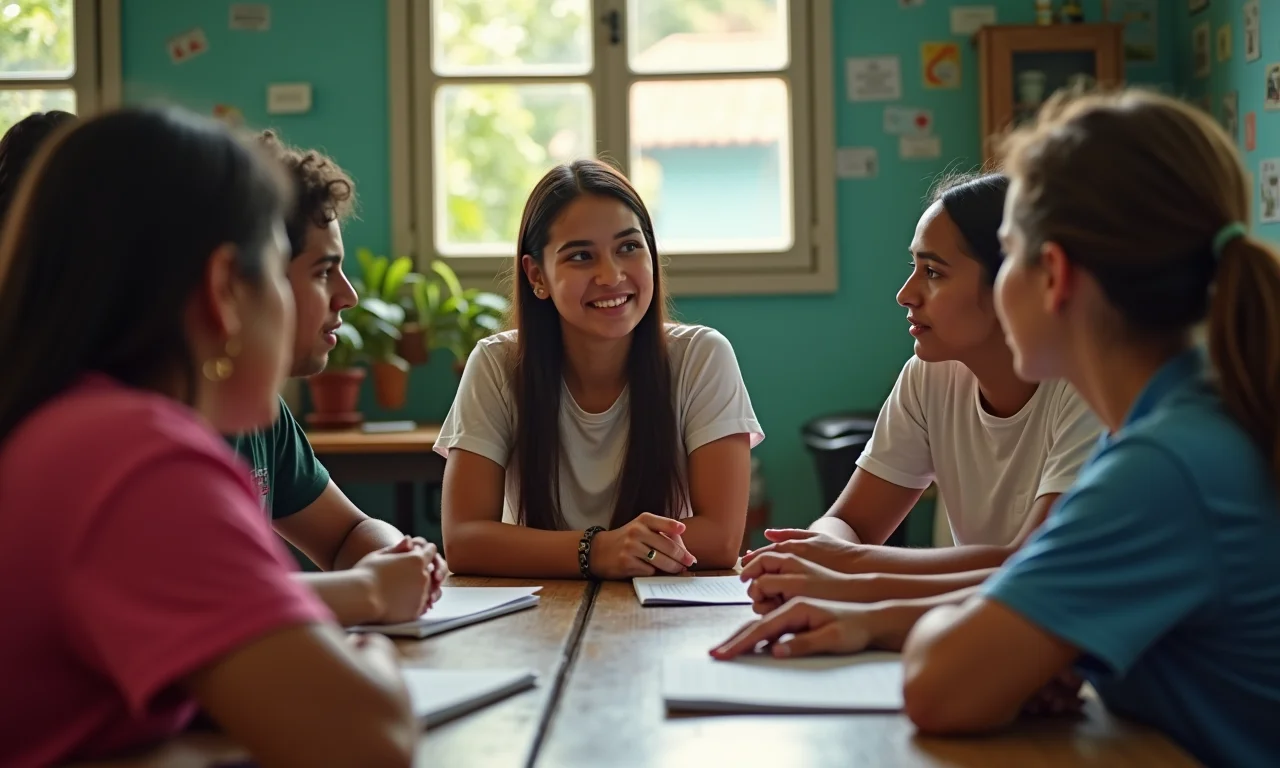 Reunião comunitária em favela com estudantes e moradores discutindo problemas locais.