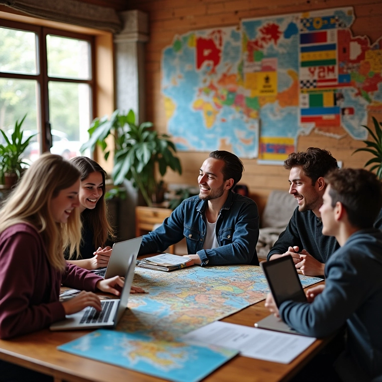 Sala comum de hostel com estudantes de diferentes nacionalidades.