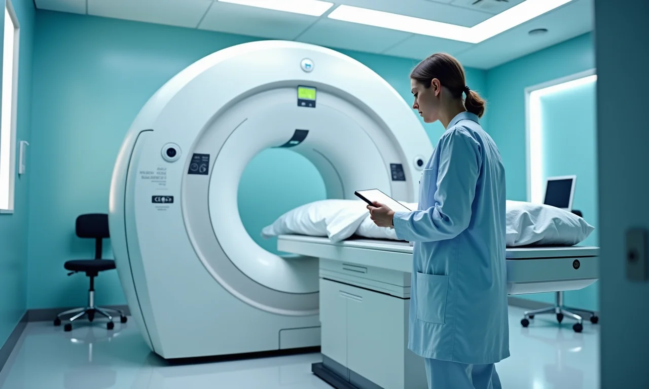 Sala de radioterapia com físico médico ajustando equipamento.