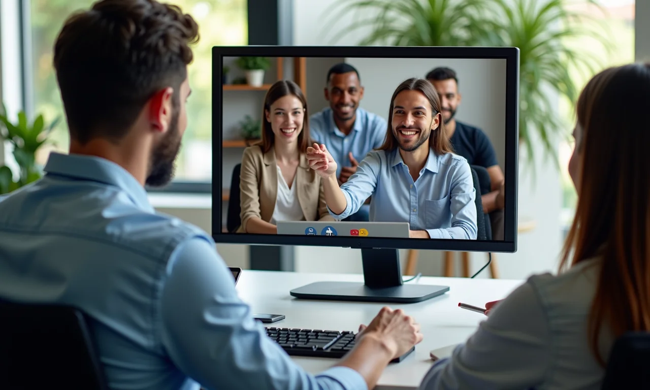 Scrum Master bilíngue se comunicando com equipe internacional em videoconferência.