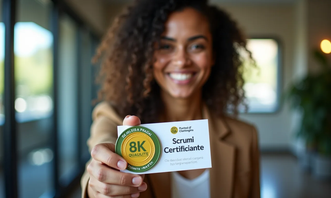 Scrum Master recebendo certificação online, demonstrando seu aprimoramento profissional.