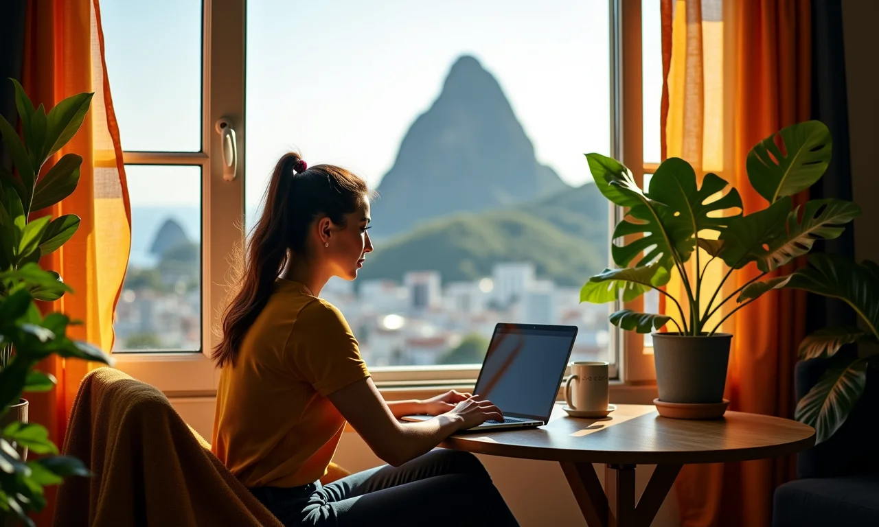 Scrum Master trabalhando remotamente com vista para o Rio de Janeiro, em um ambiente vibrante e inspirador.