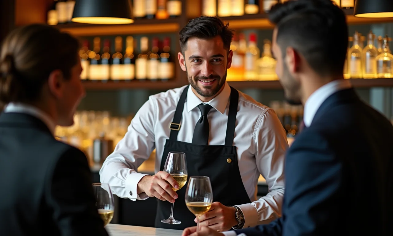 Sommelier servindo vinho em bar de vinhos em São Paulo.