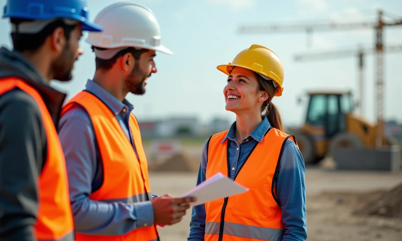 Técnica em edificações supervisionando obra com equipamentos de segurança.