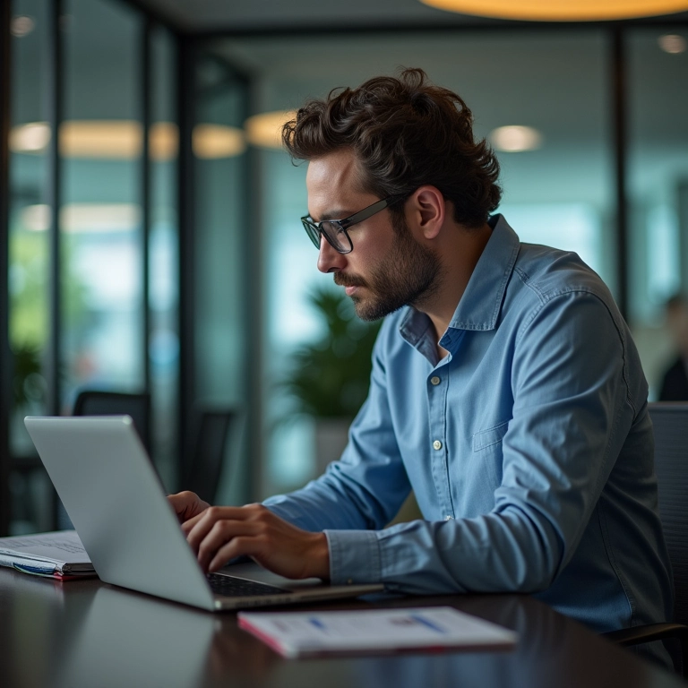 Técnico de segurança do trabalho experiente analisando dados no escritório.
