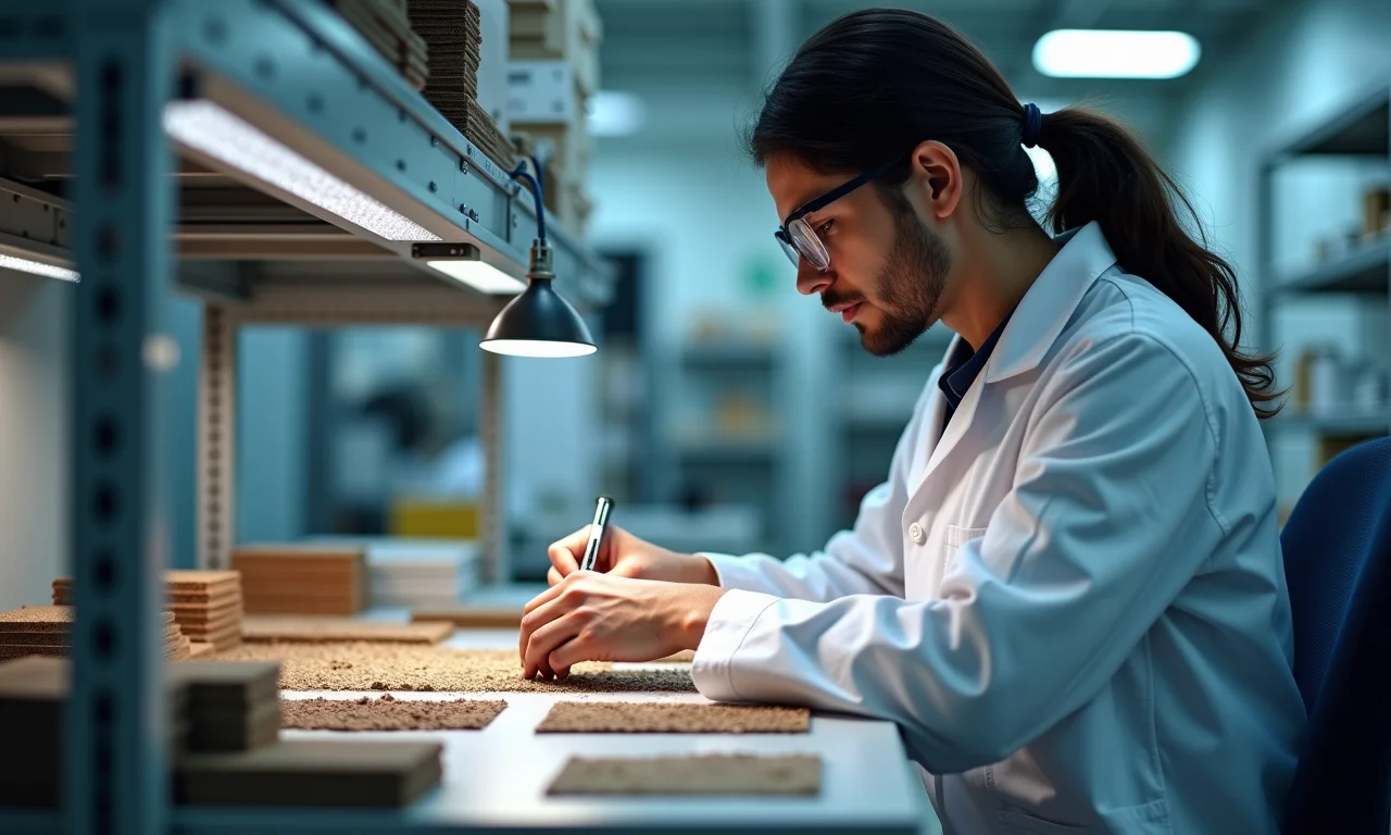 Técnico em edificações inspecionando materiais em laboratório.
