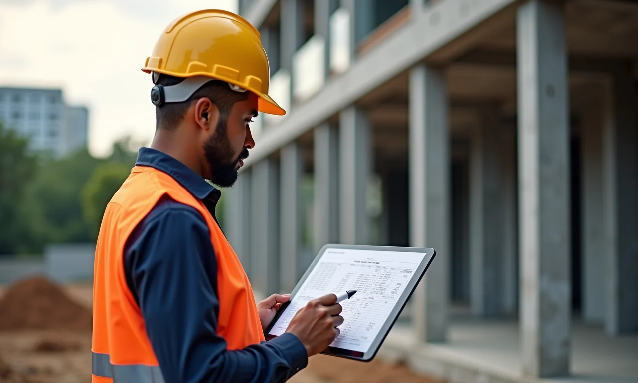 Técnico em edificações planejando orçamento de obra com tablet.