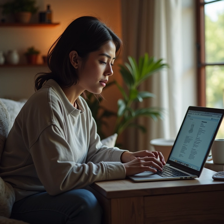 Trabalhador brasileiro acessa o portal do eSocial em seu laptop em casa.