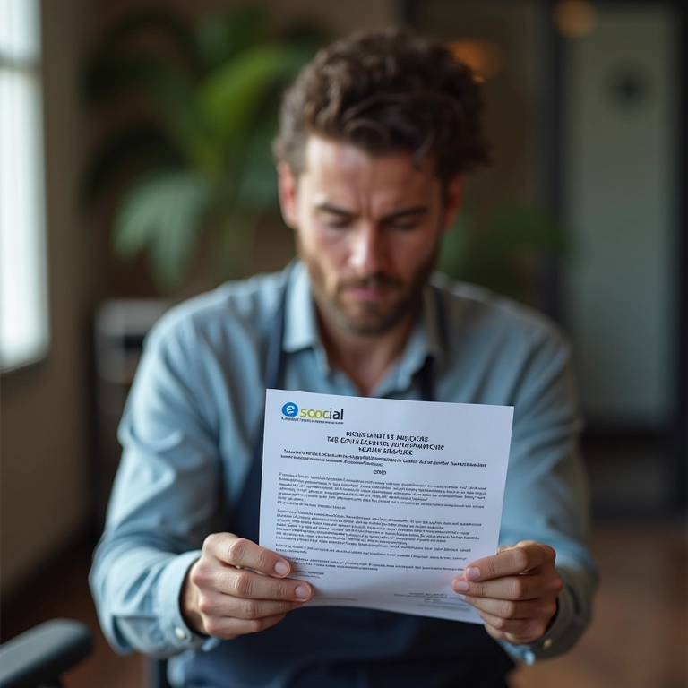 Trabalhador brasileiro preocupado ao ver notificação sobre não conformidade da empresa com o eSocial.