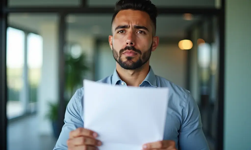 Posso solicitar o seguro-desemprego se for demitido durante a estabilidade por acidente de trabalho? Trabalhador brasileiro preocupado segurando documentos de rescisão, representando a incerteza sobre o seguro-desemprego após acidente de trabalho.