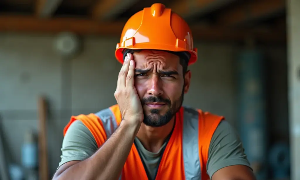 Trabalhador da construção civil exausto enxugando o suor, demonstrando as duras condições de trabalho.
