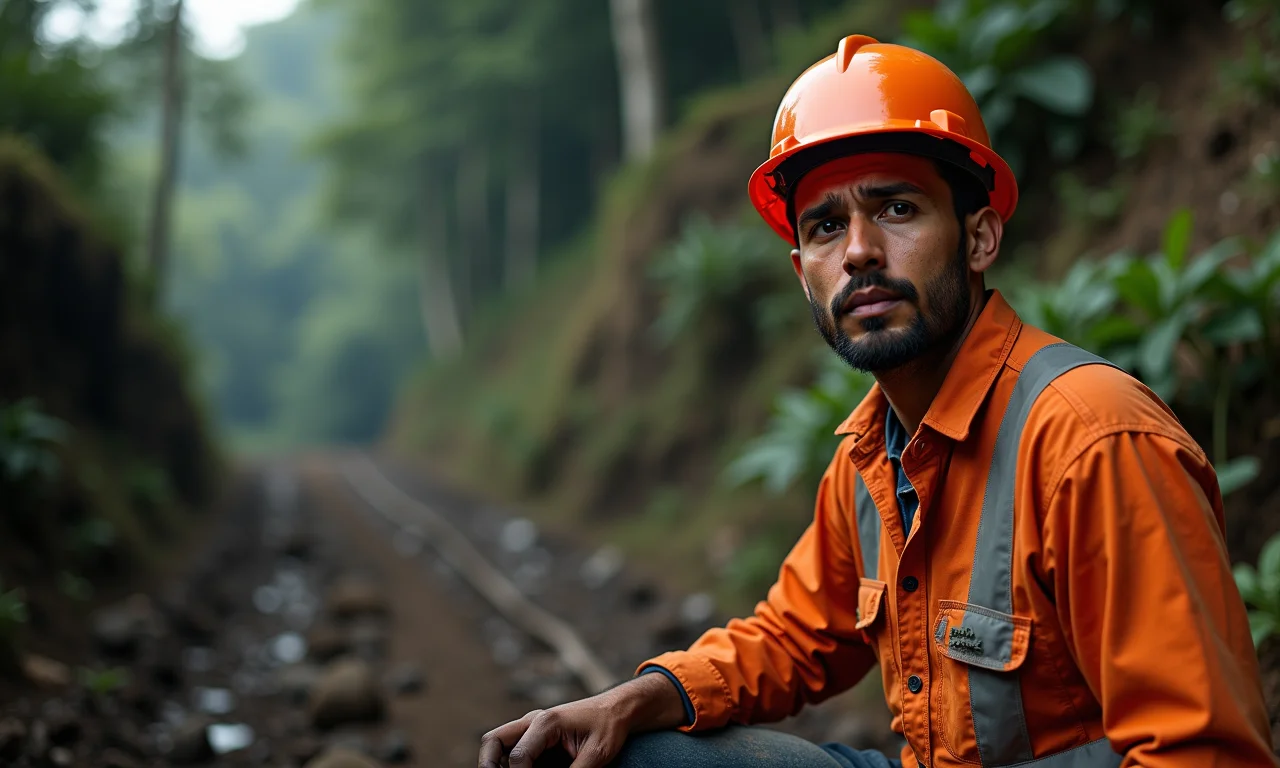 Trabalhador em ambiente inseguro sem equipamentos de proteção, refletindo a falta de higiene e segurança no trabalho.
