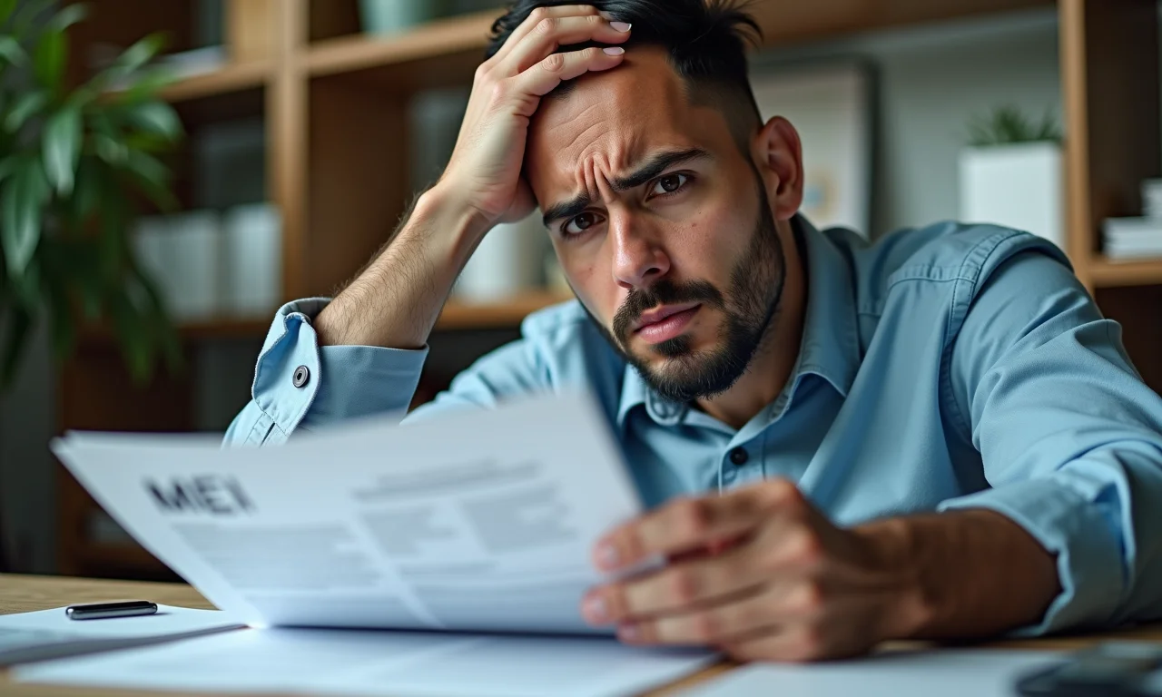 Trabalhador MEI brasileiro frustrado olhando para um contrato de trabalho complexo, sentindo-se inseguro.