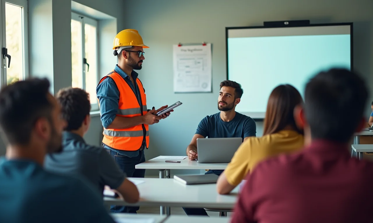Trabalhador participando de uma sessão de treinamento em uma sala de aula moderna.