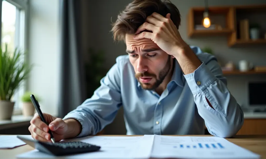 Empresa Faliu Como Receber Minha Dívida Trabalhista Trabalhador preocupado olhando contas atrasadas e documentos legais sobre mesa.