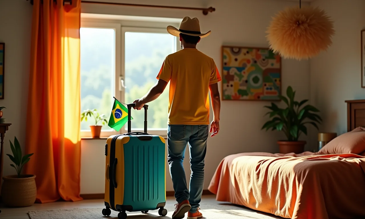 Trabalhador rural preparando mala para férias, simbolizando o direito a descanso.