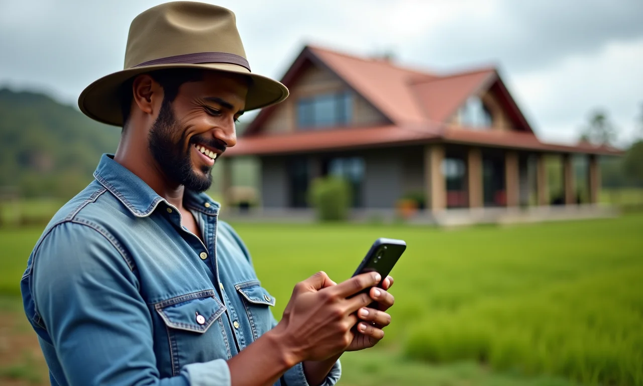 Trabalhador rural sorrindo ao verificar saldo do FGTS no celular.