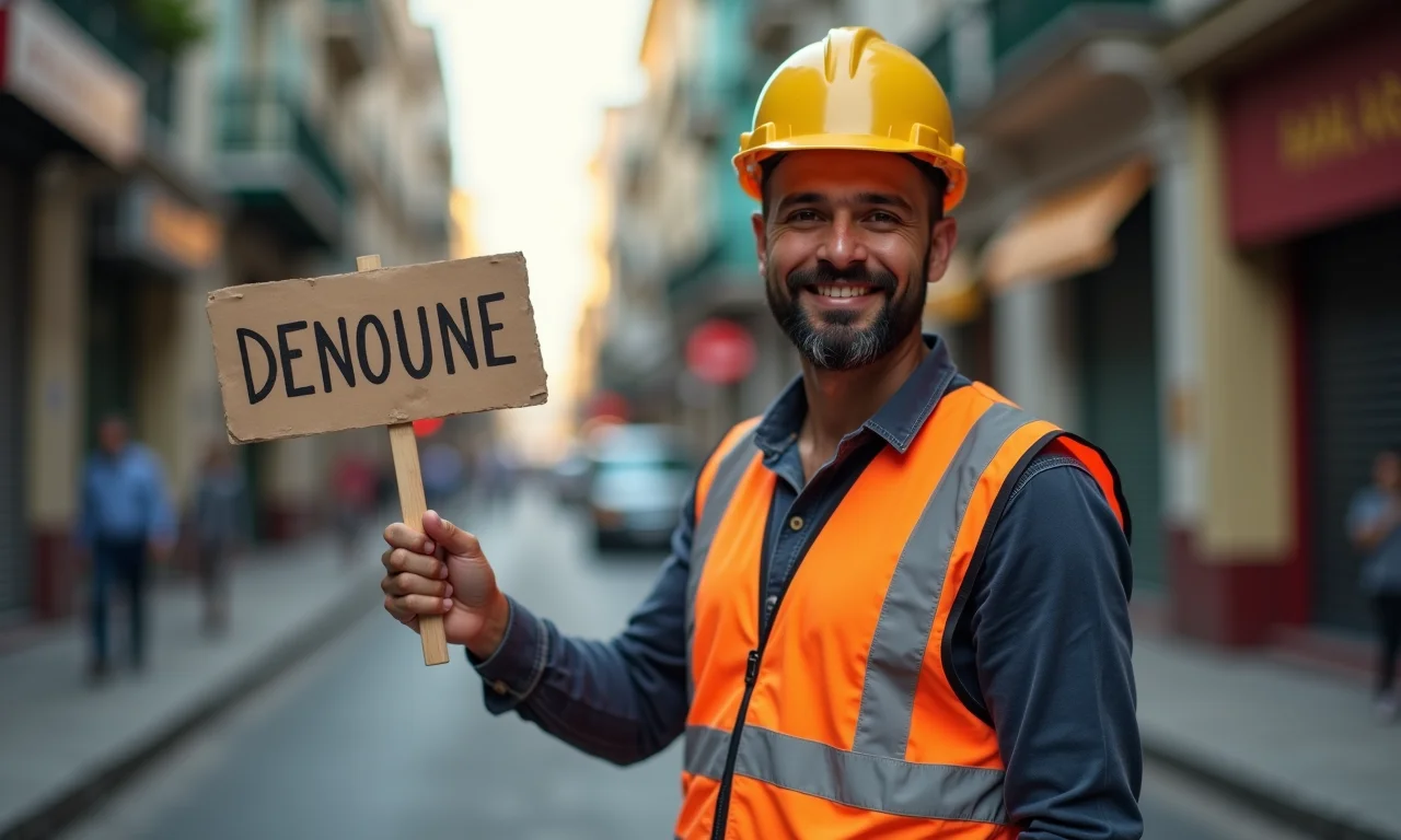 Trabalhador segurando placa com a palavra 'denuncie', incentivando a denúncia de condições degradantes de trabalho.