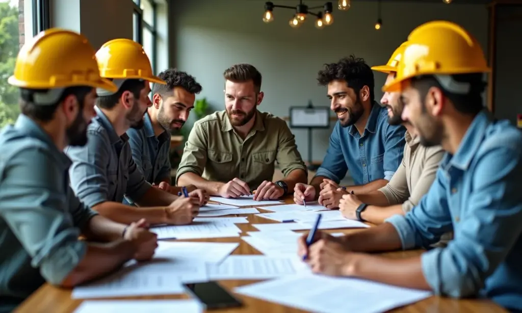 Trabalhadores brasileiros discutem verbas rescisórias em escritório vibrante.
