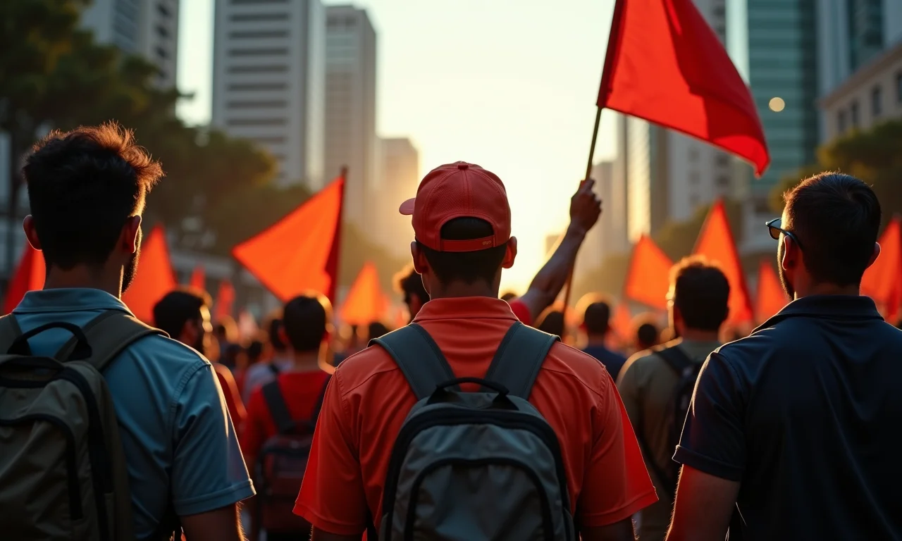 Trabalhadores protestando com faixas em um cenário urbano brasileiro.