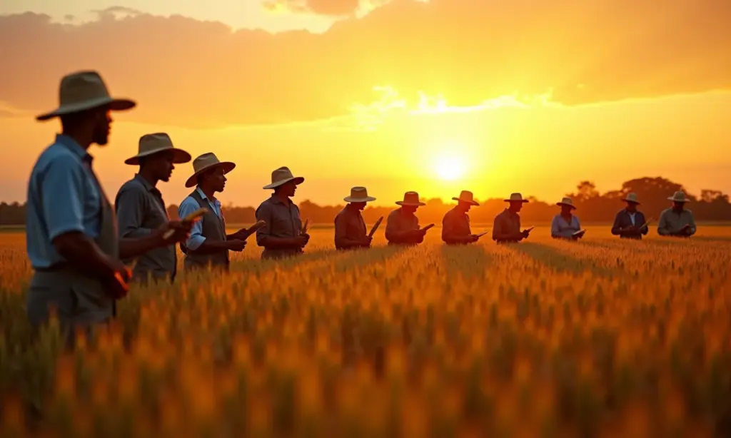 Contrato de Safra Quais os Direitos do Trabalhador Rural Trabalhadores rurais diversos colhendo trigo ao pôr do sol, representando a safra.