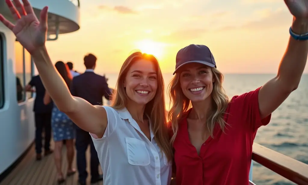 Tripulação diversa acenando em cruzeiro marítimo ao pôr do sol.