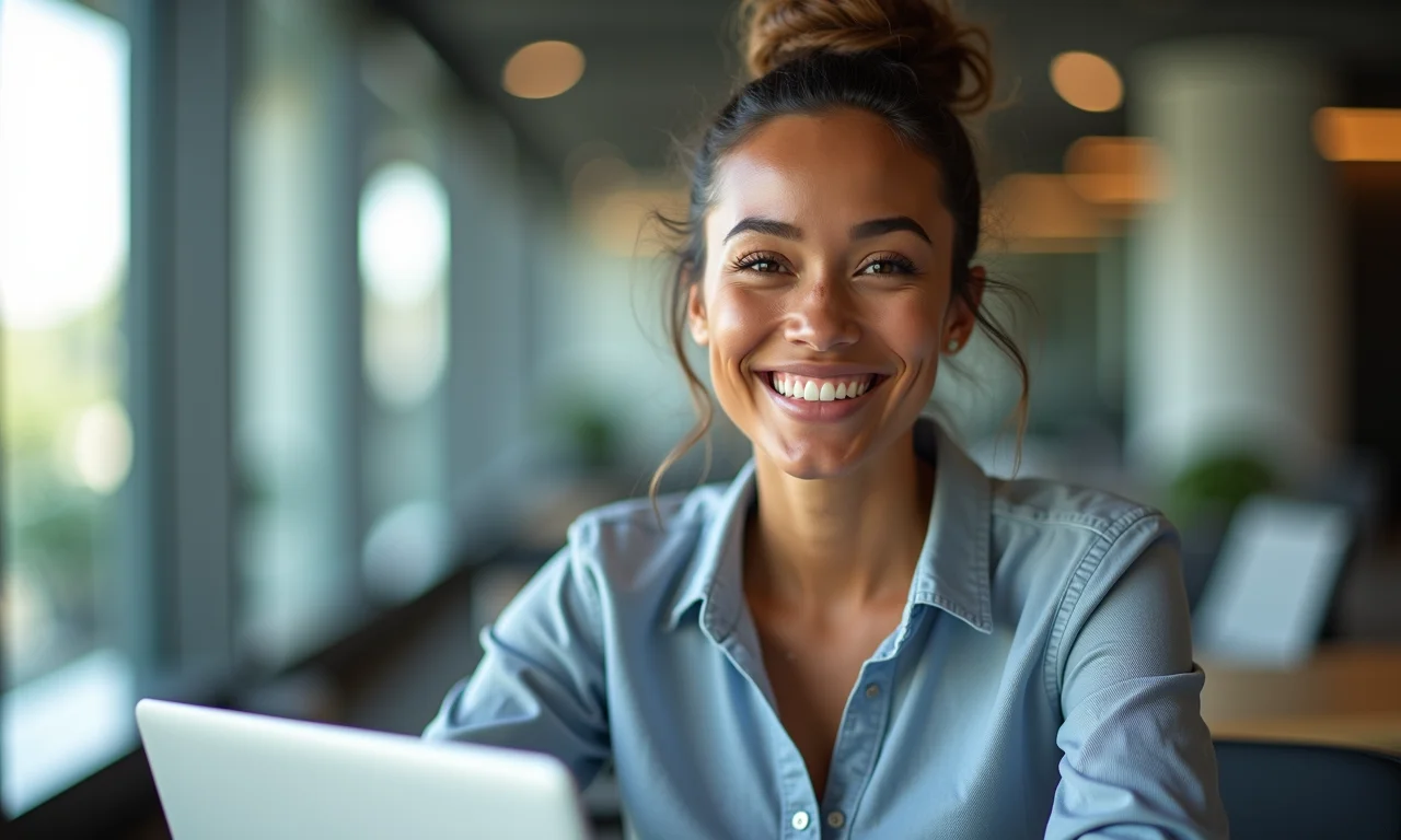 Turismóloga experiente sorrindo em seu escritório.