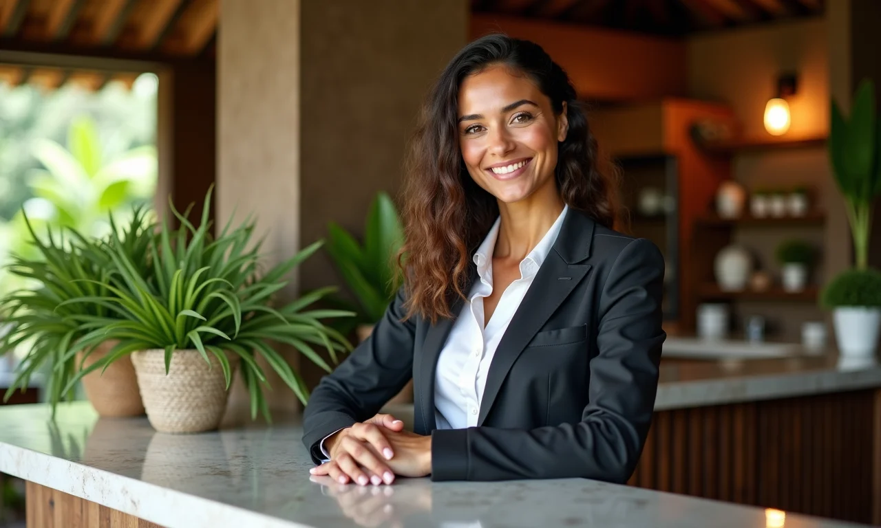 Turismóloga recepcionando hóspedes em resort ecológico de luxo.