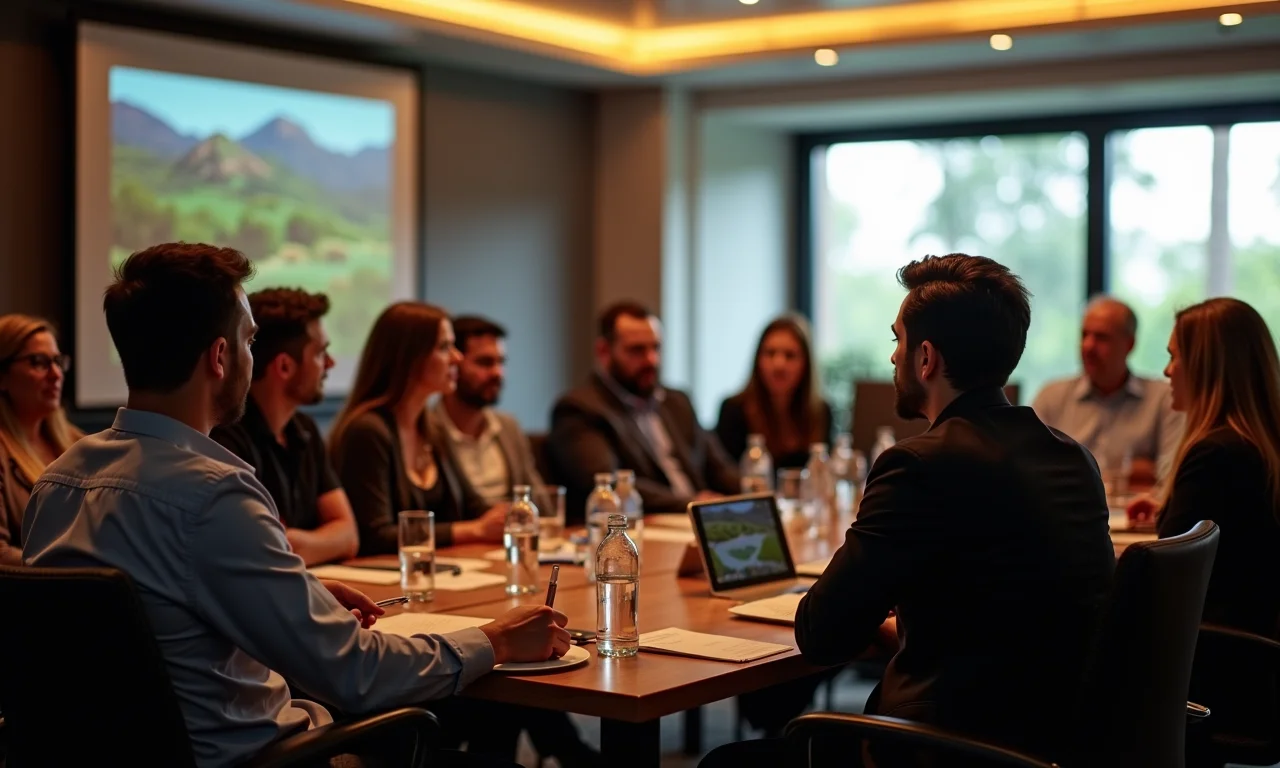 Turismólogos discutindo oportunidades de turismo de aventura no Brasil.