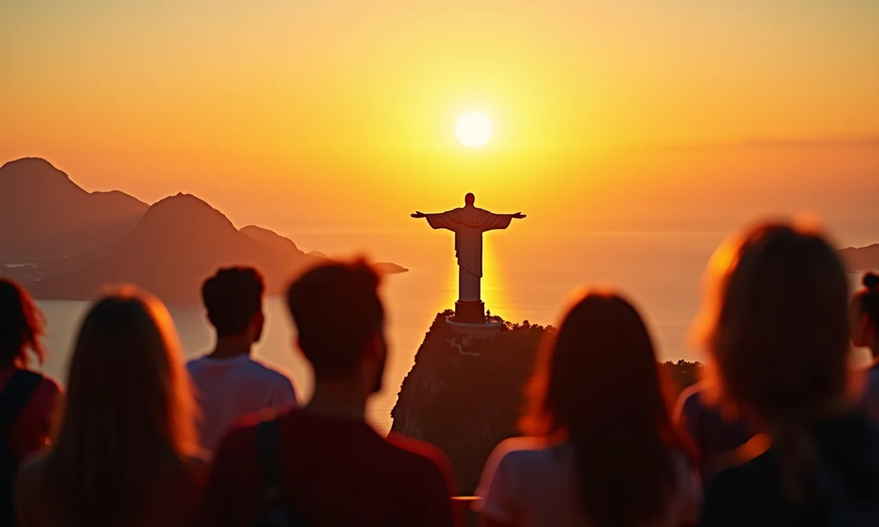 Turistas apreciando o pôr do sol no Cristo Redentor, Rio de Janeiro.