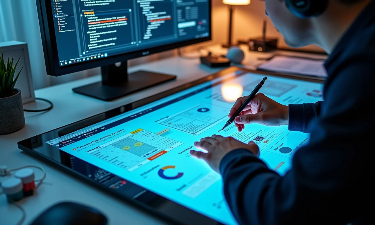 UX designer criando protótipos interativos em tela grande com ferramentas de design.
