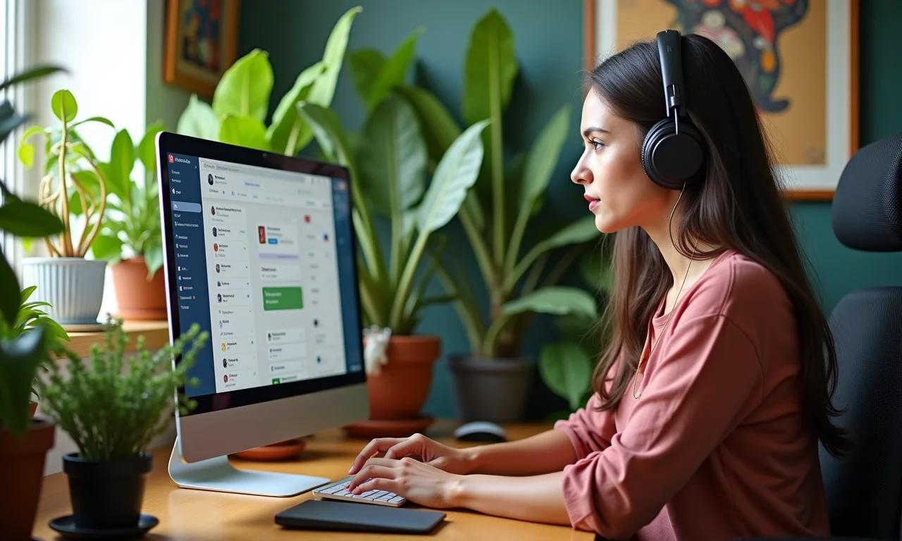 UX designer experiente trabalhando em home office vibrante com decoração brasileira.