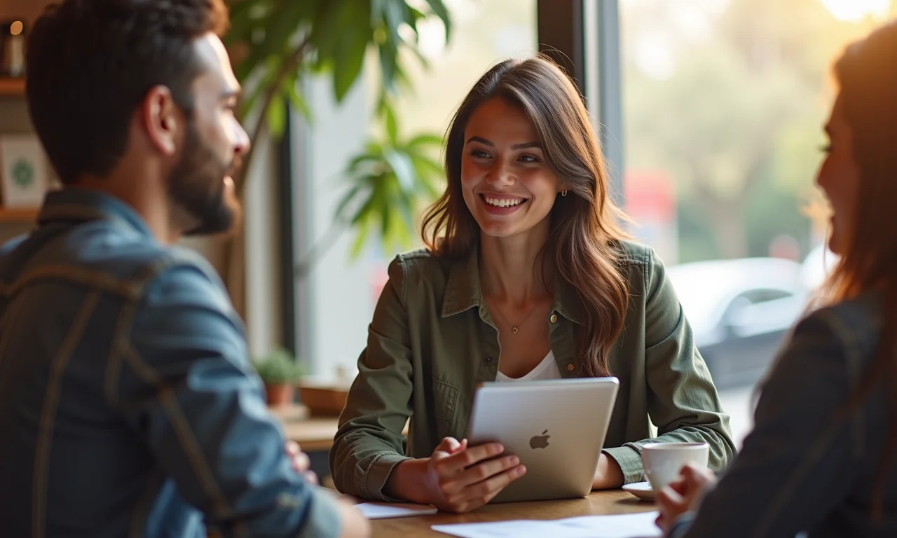 UX writer brasileira apresentando portfólio em tablet durante reunião.